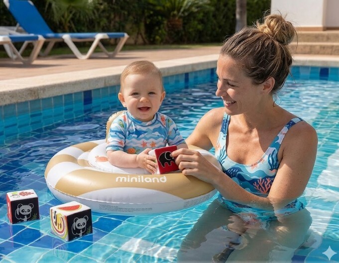 Šťastné chvíle bábätka v bazéne s kolesom Miniland Swim